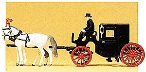 Horse-Drawn Wagon -- Closed Taxi w/Three Figures - Assembled, HO, Preiser Kg 30452