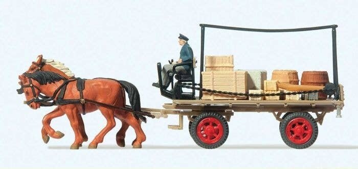 Horse-Drawn Wagon -- Flatbed Wagon w/Driver, Horses & Cargo, HO, Preiser Kg 30434
