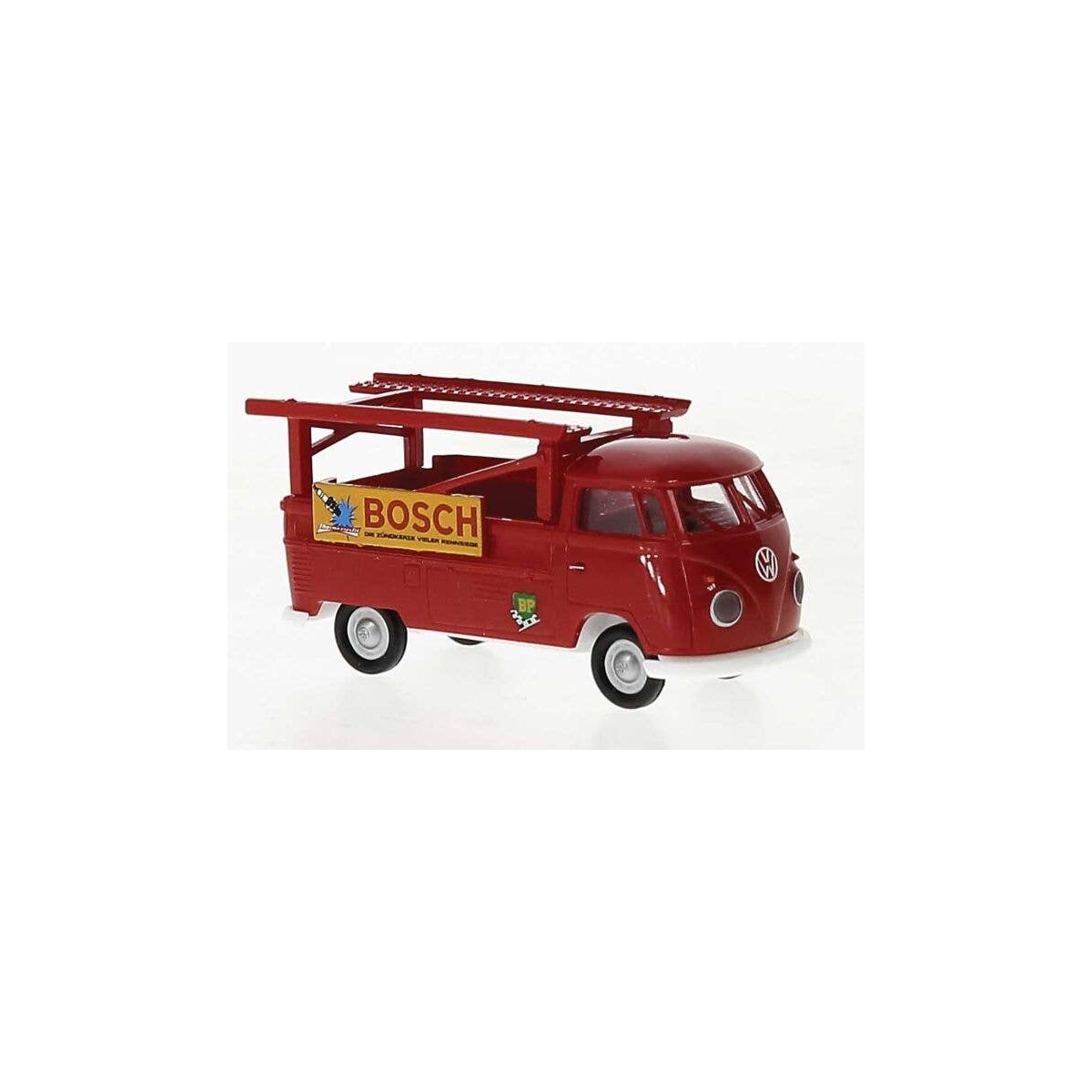 1960-1963 Volkswagen Pritsche T1b Pickup w/Auto Rack - Assembled -- Bosch (red, yellow, Germ, HO, Brekina Automodelle 32866
