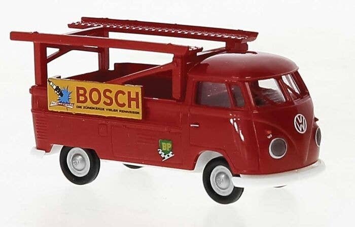 1960-1963 Volkswagen Pritsche T1b Pickup w/Auto Rack - Assembled -- Bosch (red, yellow, Germ, HO, Brekina Automodelle 32866