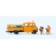Mercedes-Benz L 407 D Crew-Cab Low-Side Delivery Truck - Assembled -- Road Workers (orange, German Le, HO, Preiser Kg 33262