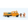 Mercedes-Benz L 407 D Crew-Cab Low-Side Delivery Truck - Assembled -- Road Workers (orange, German Le, HO, Preiser Kg 33262