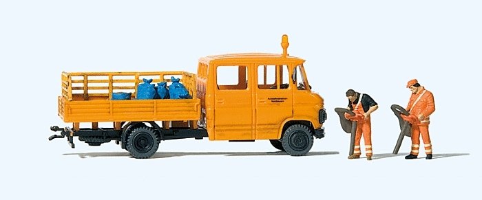 Mercedes-Benz L 407 D Crew-Cab Low-Side Delivery Truck - Assembled -- Road Workers (orange, German Le, HO, Preiser Kg 33262