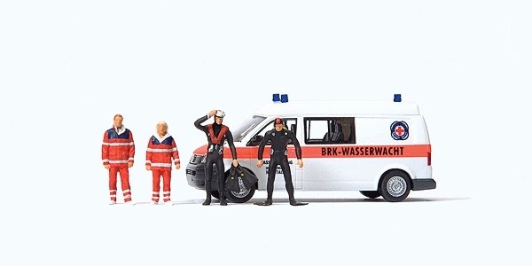 Emergency Volkswagen T 5 Van - Assembled -- With 2 EMT & 2 Divers Neustadt Water Rescue Team (white, , HO, Preiser Kg 33261
