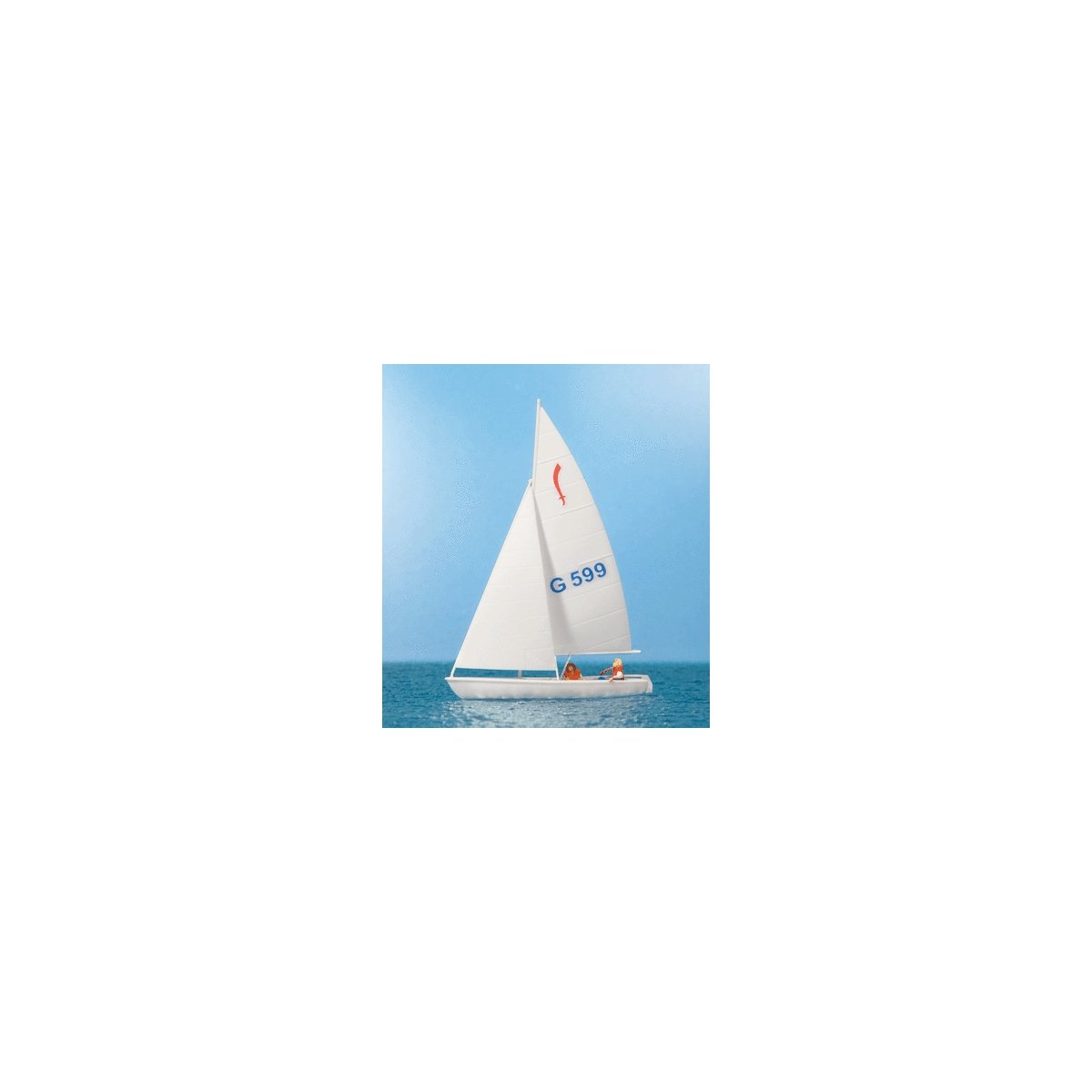 Korsar Sailboat w/2 Sailors -- Sails Up (white, red, blue), HO, Preiser Kg 10677