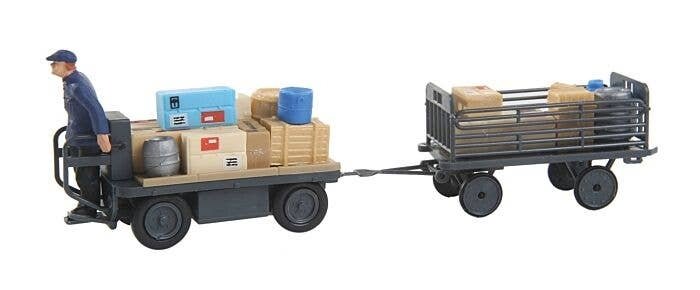 Electric Baggage Truck (Nonoperating) w/Trailer & Driver -- German Railways Early Era III, HO, Preiser Kg 10256