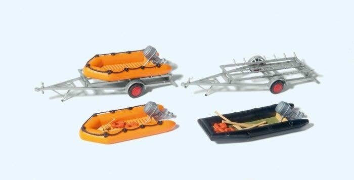 3 Rubber Dinghy Boats and Two Trailers, HO, Preiser Kg 17312
