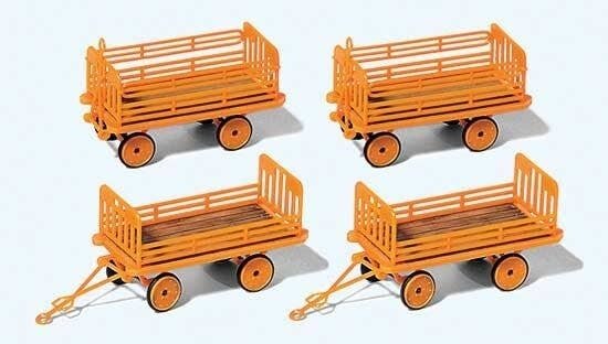 Baggage Trailer for Electric Baggage Cart - Kit -- German Federal Railroad DB (Era IV, orange) pkg(4), HO, Preiser Kg 17128