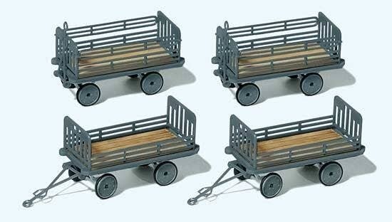 Baggage Trailer for Electric Baggage Cart - Kit -- German Federal Railroad DB (Era III, gray) pkg(4), HO, Preiser Kg 17129