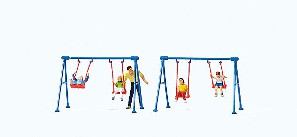 Children on Playground Swings -- 4 Children, Father, 2 Swing Sets, HO, Preiser Kg 10630