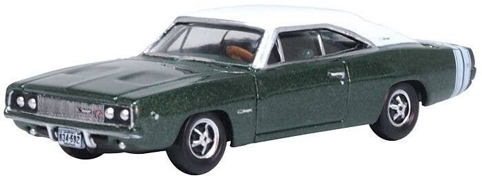 1968 Dodge Charger - Assembled -- Racing Green, White, HO, Oxford Diecast 87DC68005