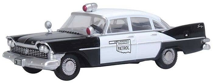 1959 Plymouth Savoy Sedan - Assembled -- Oklahoma Highway Patrol (black, white), HO, Oxford Diecast 87PS59001
