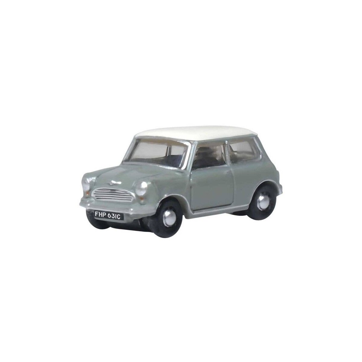 1959 Austin Mini - Assembled -- Tweed Gray, Old English White, N, Oxford Diecast NMN009