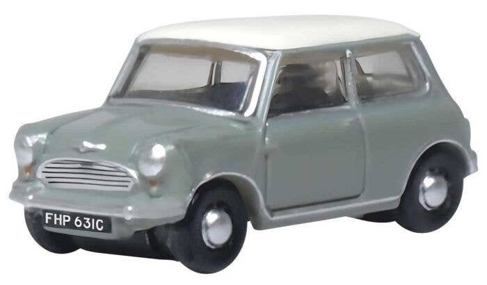 1959 Austin Mini - Assembled -- Tweed Gray, Old English White, N, Oxford Diecast NMN009