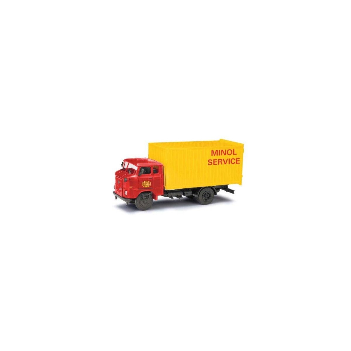 1965 IFA W50L MK Box-Body Delivery Truck - Assembled -- Minol Service (red, yellow), HO, Busch Gmbh & Co Kg 95198