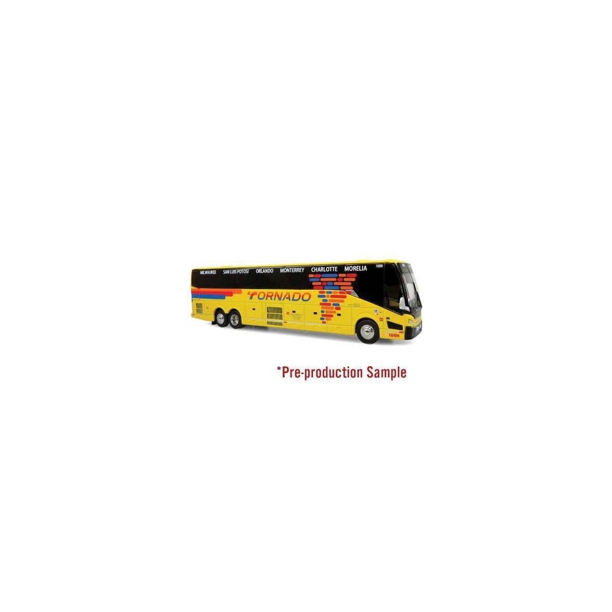 Provost H3-45 Motorcoach Bus - Assembled -- Tornado (yellow, blue, pink, orange), HO, Iconic Replicas 870612