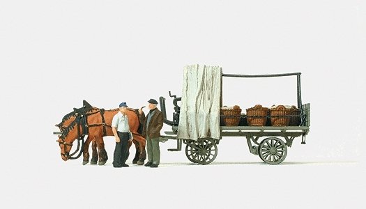 Working People -- Farm Wagon w/Vegetable Baskets, Horses & Figures, HO, Preiser Kg 30449