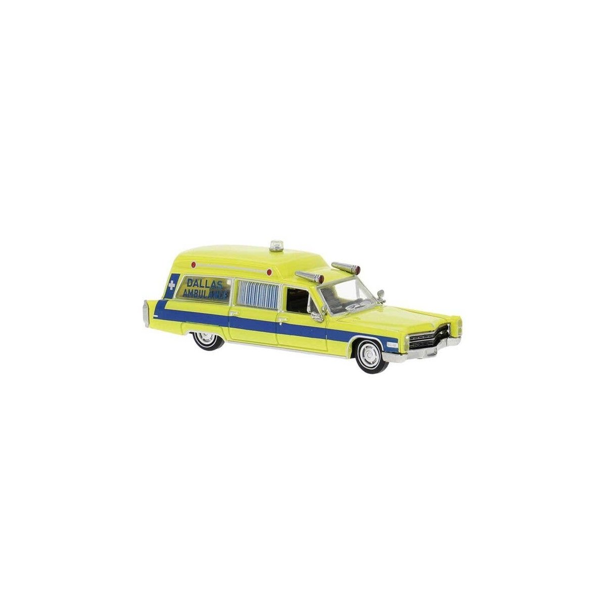 1966 Cadillac Meteor Ambulance - Assembled -- Dallas Ambulance (yellow, blue), HO, Brekina Automodelle 19779