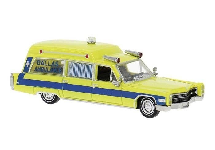 1966 Cadillac Meteor Ambulance - Assembled -- Dallas Ambulance (yellow, blue), HO, Brekina Automodelle 19779