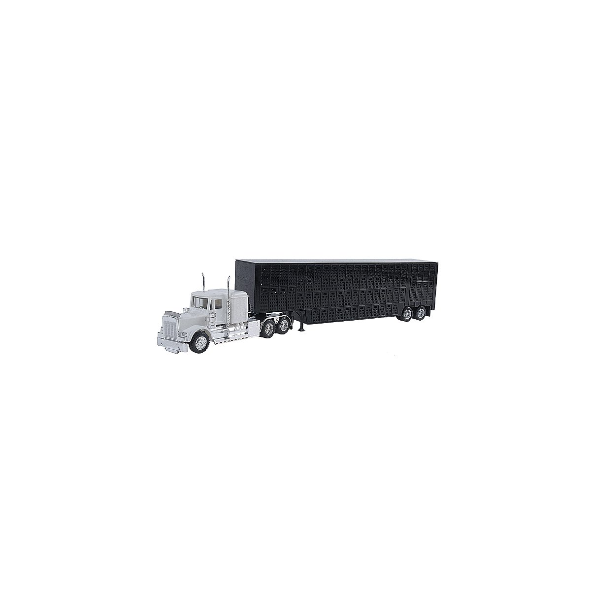 Kenworth W-900 w/Skirted Chassis, Tool Box & 48′ Livestock Trailer -- White Tractor, Black Trailer, HO, Herpa Models 6347