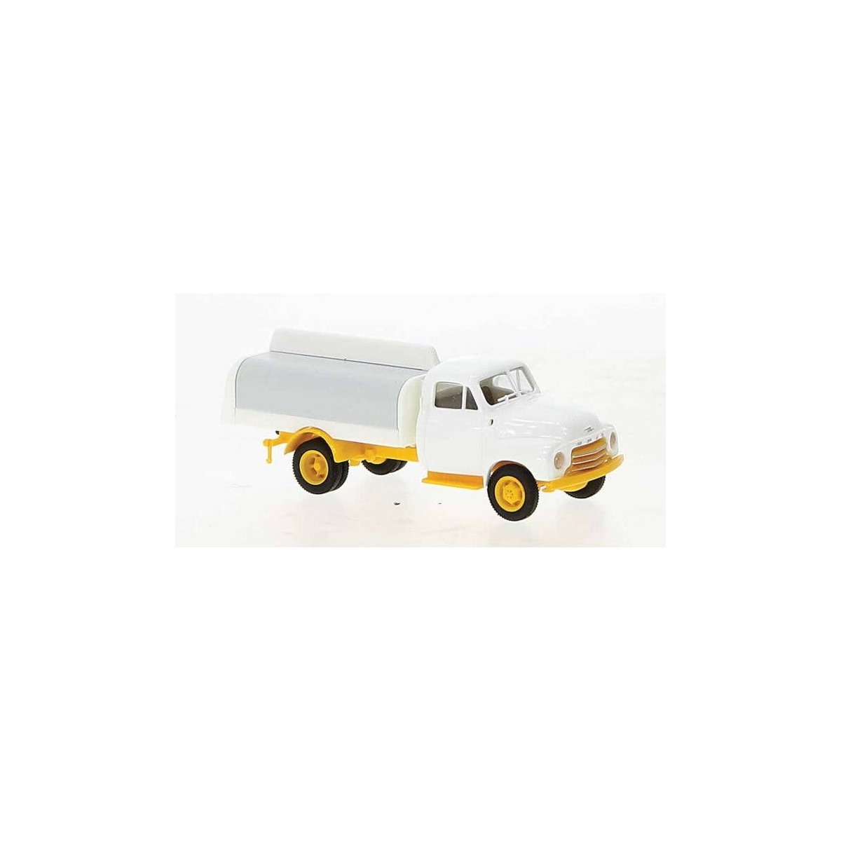 1953-1960 Opel-Blitz Low-Sided Delivery Truck w/Beverage Cover - Assembled -- White, Yellow , HO, Brekina Automodelle 35340