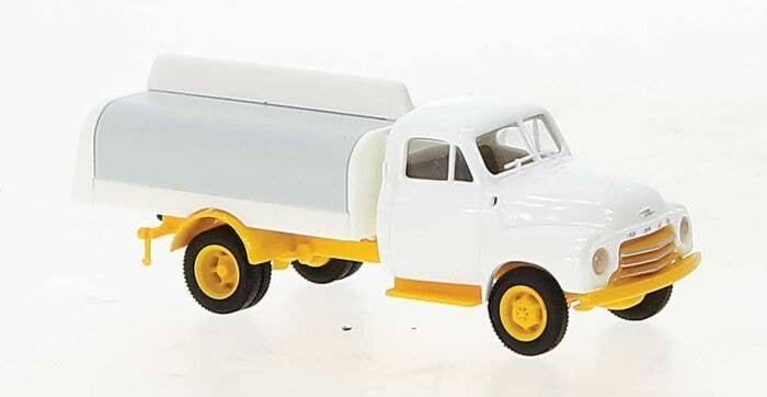 1953-1960 Opel-Blitz Low-Sided Delivery Truck w/Beverage Cover - Assembled -- White, Yellow , HO, Brekina Automodelle 35340