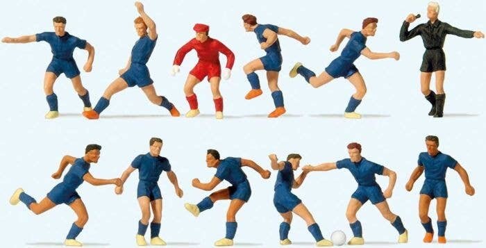 Soccer Team with Referee pkg(12) -- Blue Shirts, Blue Shorts, HO, Preiser Kg 10759