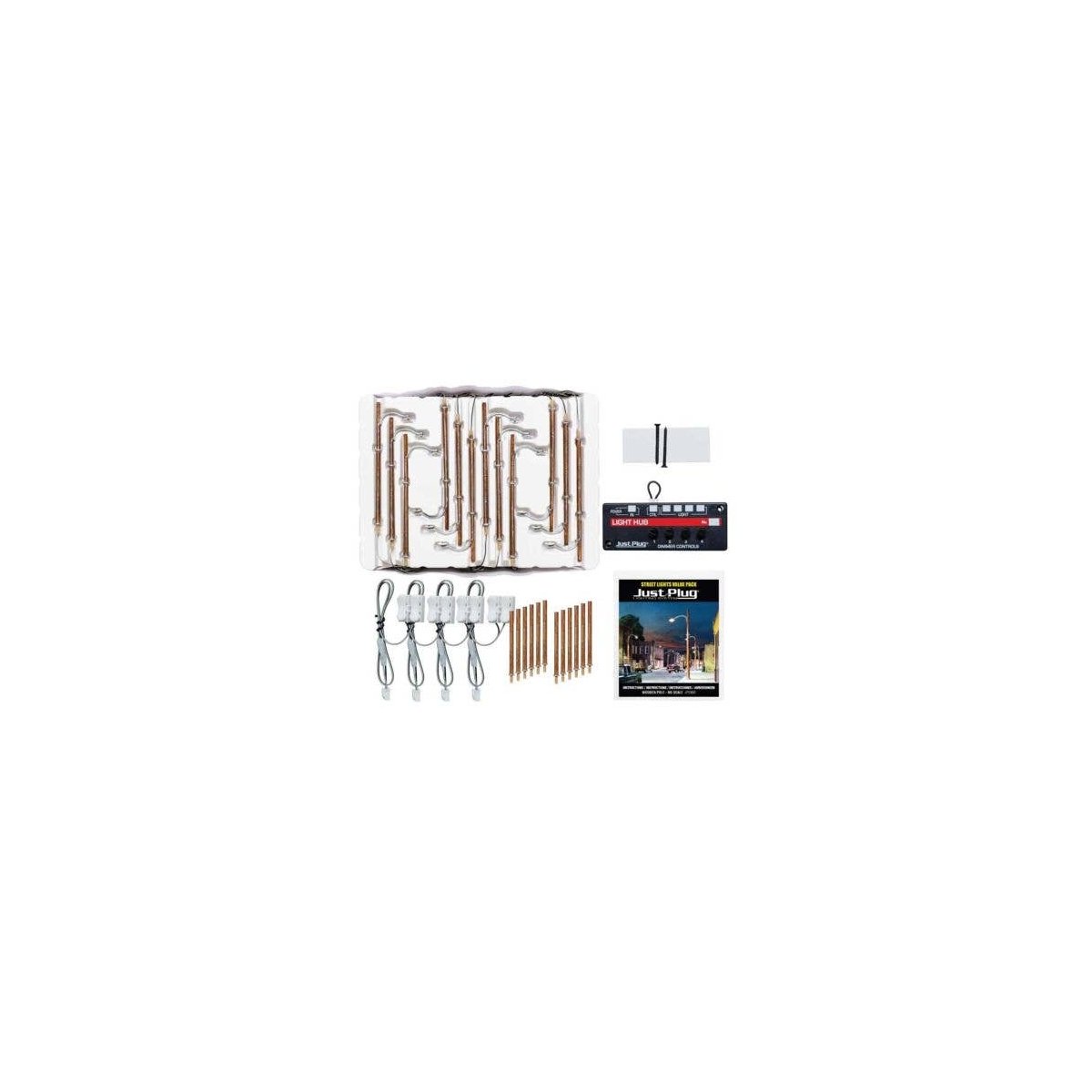 Wooden Pole Streetlight - Just Plug Value Pack -- With Light Hub pkg(12), HO, Woodland Scenics 5900