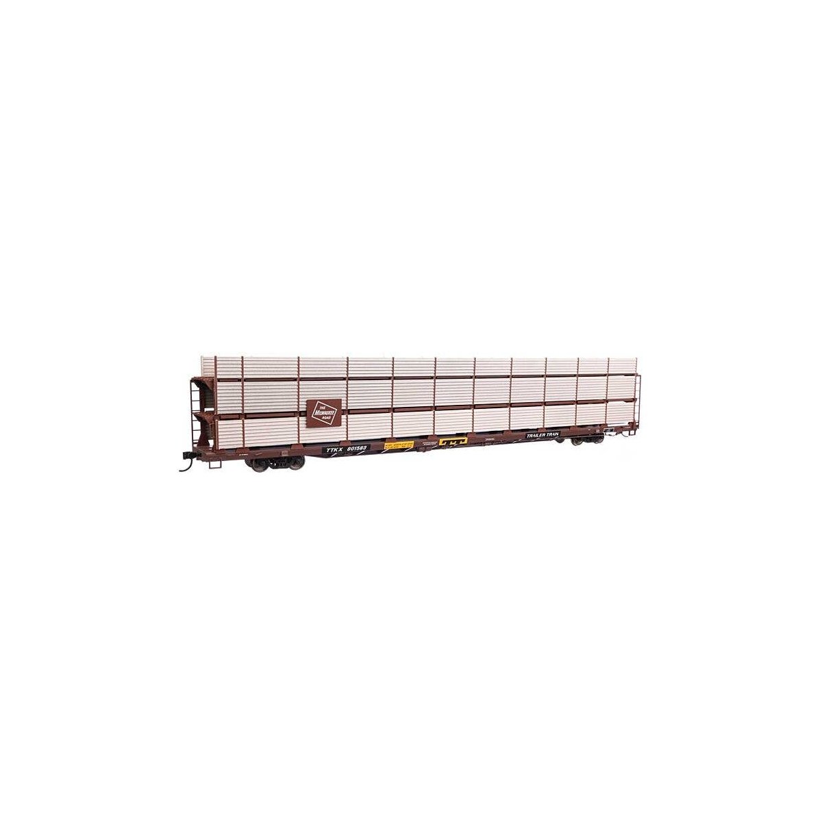 89′ Flatcar w/Tri-Level Shielded Auto Rack - Ready to Run -- Milwaukee Road 801583, TTKX Flatcar, HO, WalthersMainline 8318