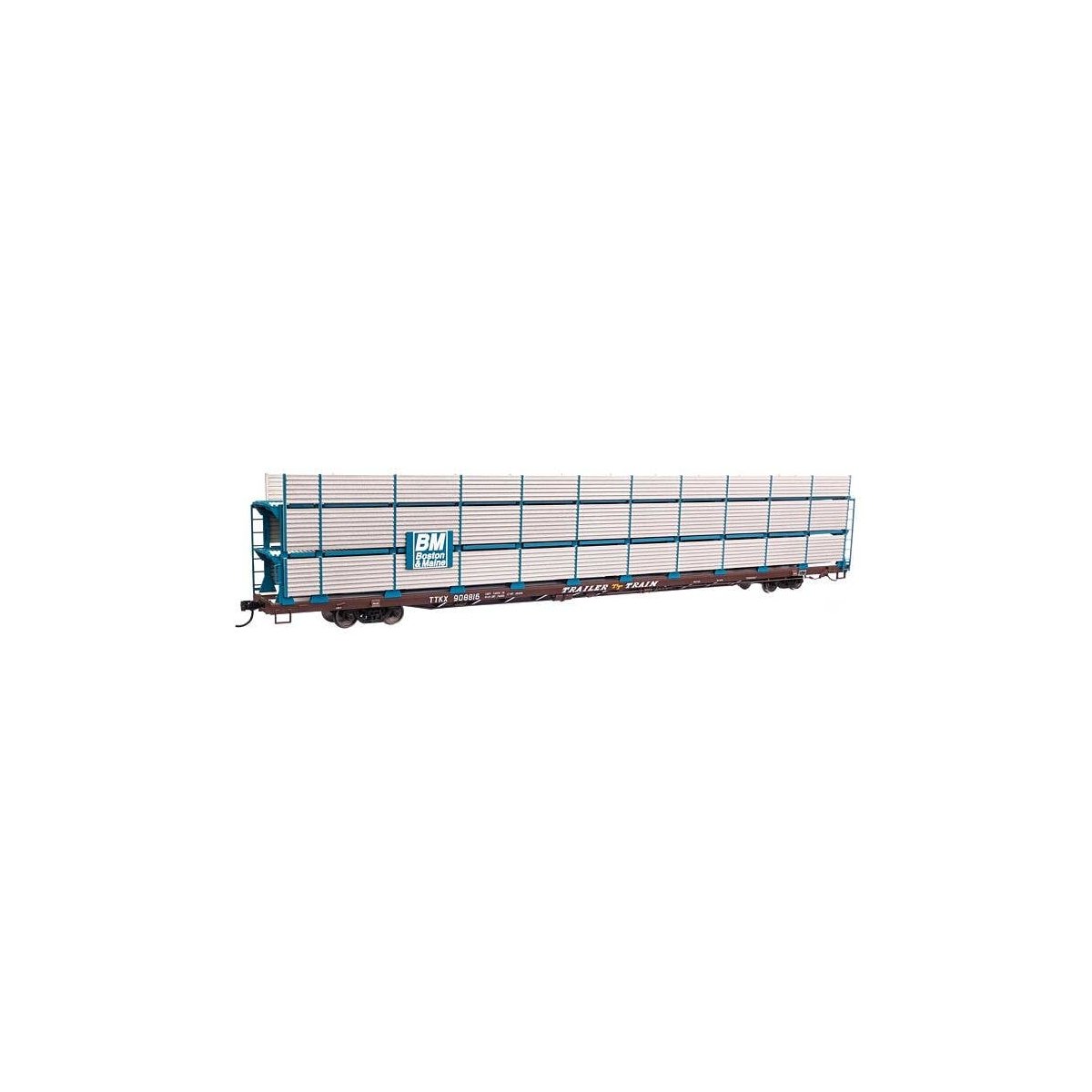 89′ Flatcar w/Tri-Level Shielded Auto Rack - Ready to Run -- Boston & Maine 908816, TTKX flatcar, HO, WalthersMainline 8301