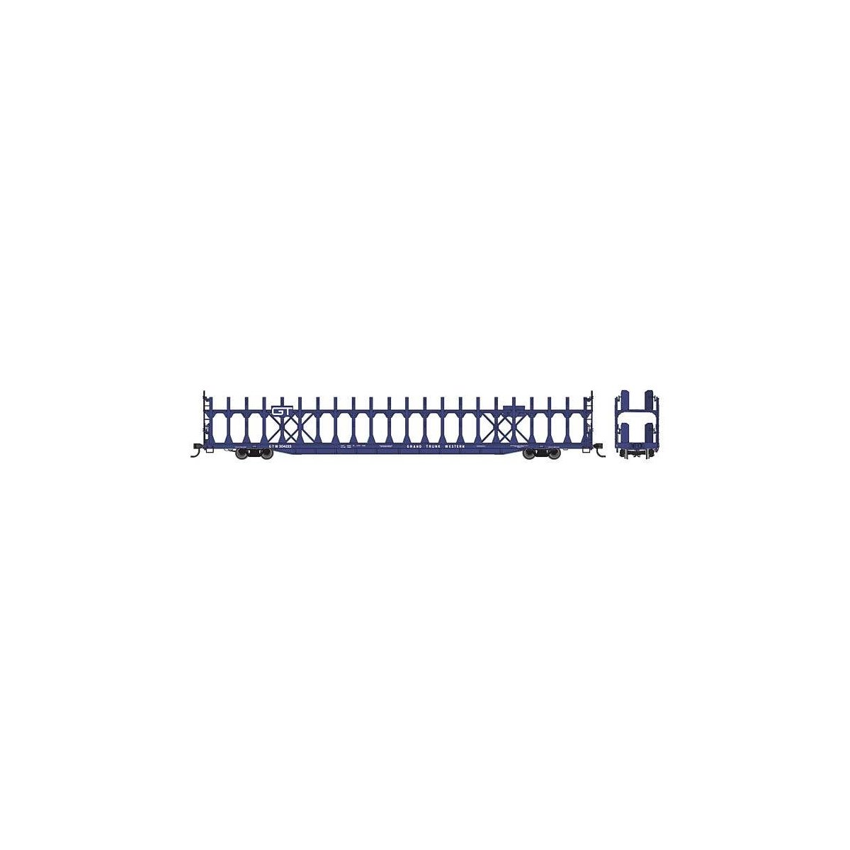 89′ Flatcar w/Bi-Level Open Auto Rack - Ready to Run -- Grand Trunk Western 304223, HO, WalthersMainline 8033