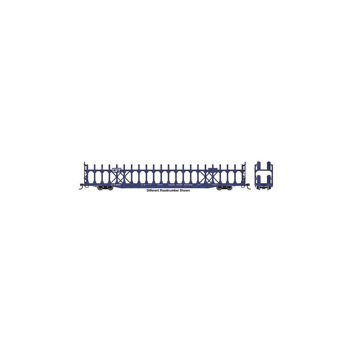 89′ Flatcar w/Bi-Level Open Auto Rack - Ready to Run -- Grand Trunk Western 304227, HO, WalthersMainline 8035