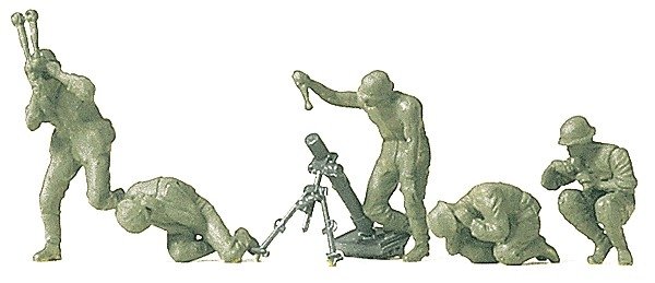 Military - Former German Army WWII - Unpainted Figures -- Mortar Crew, HO, Preiser Kg 16540