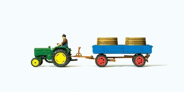 Lanz D 2416 Farm Tractor -- With Grape Tub Trailer (green Tractor, blue trailer), HO, Preiser Kg 17943