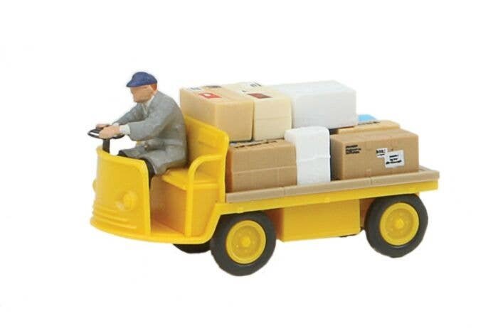 Electric Baggage Truck (Nonoperating) w/Driver & Load -- German Post Office (yellow) Era III, HO, Preiser Kg 28146