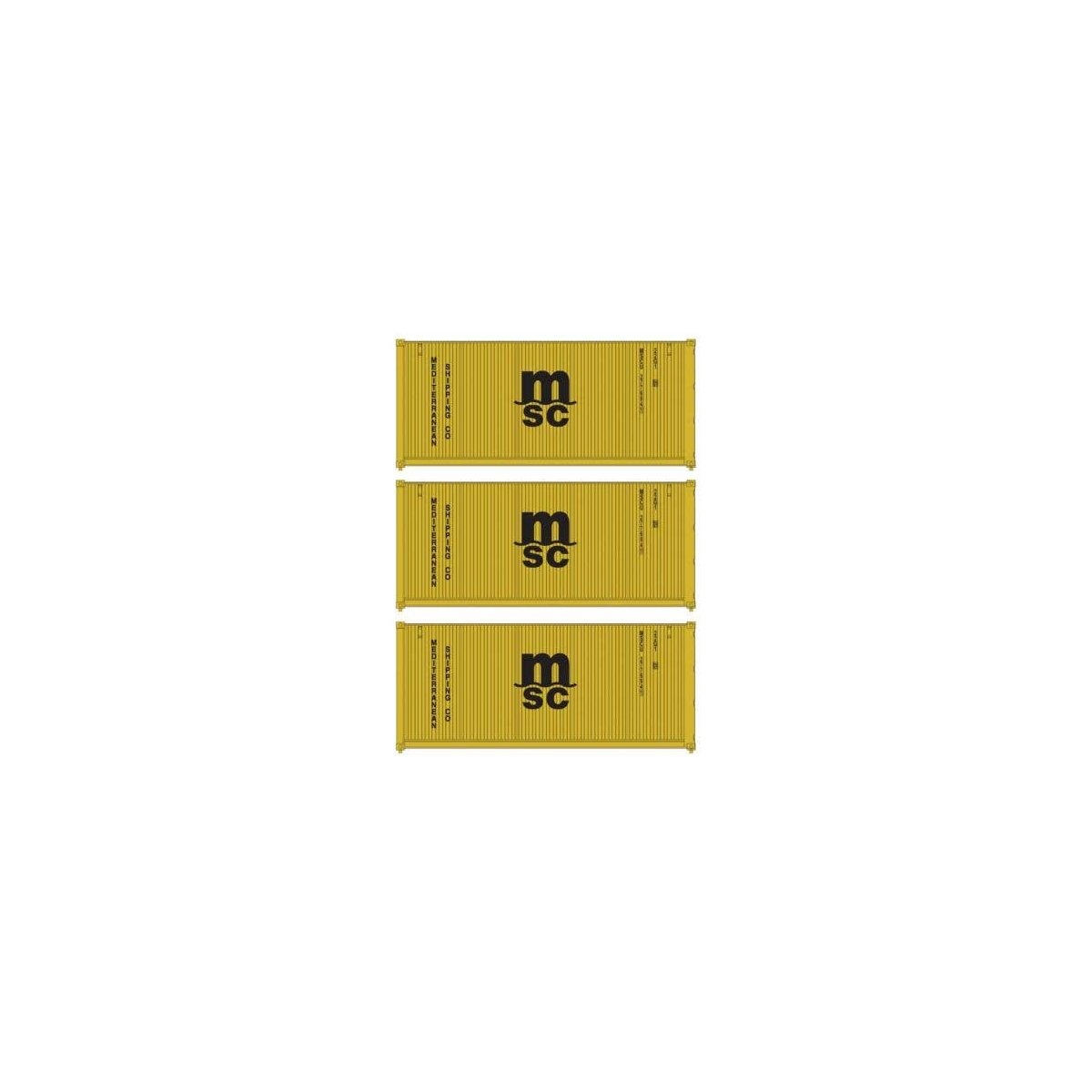 20′ Fully Corrugated Container - 3-Pack -- Mediterranean Shipping Co., HO, Walthers SceneMaster 18054