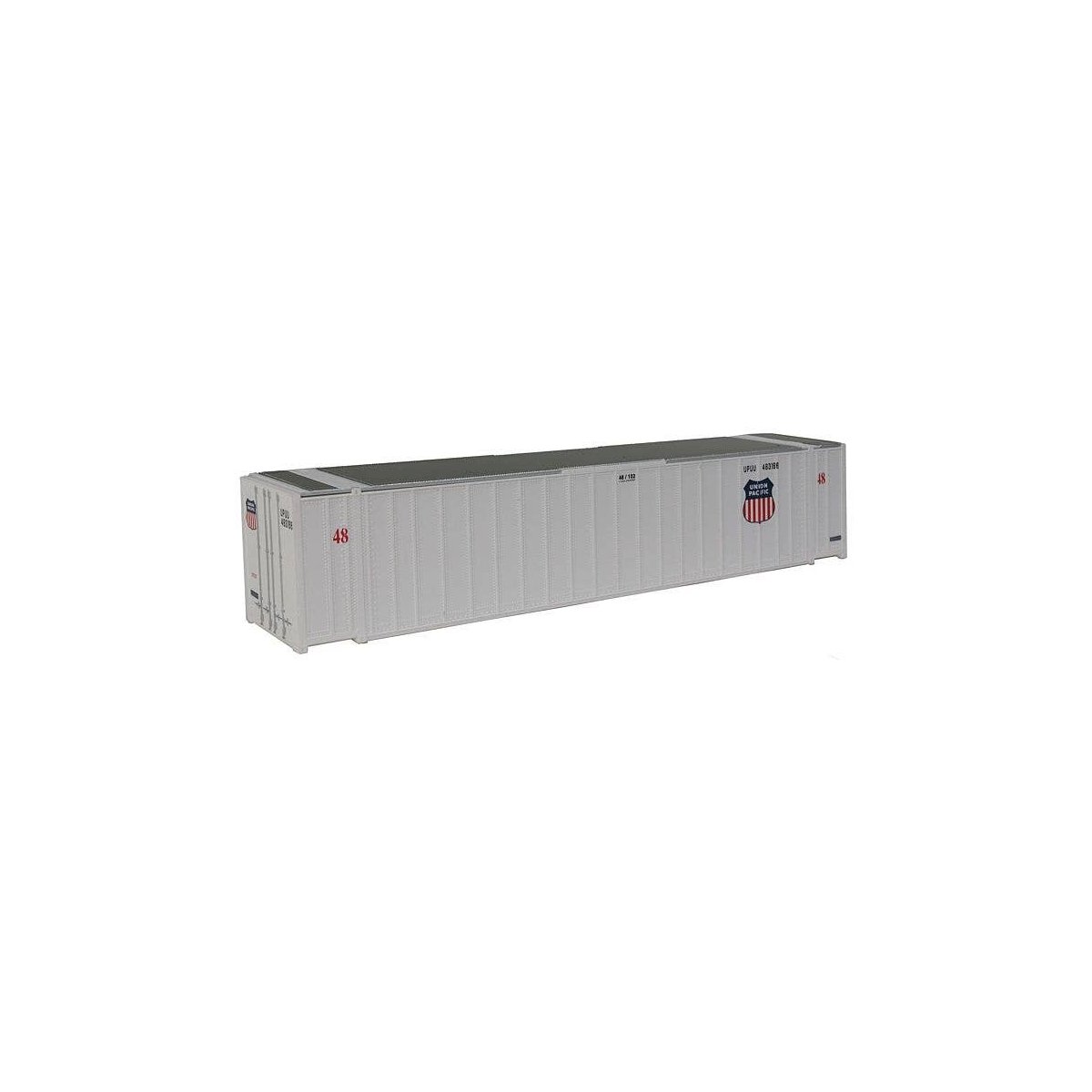 48′ Ribbed Side Container - Assembled -- Union Pacific(R) (white, Shield Logo), HO, Walthers SceneMaster 8460