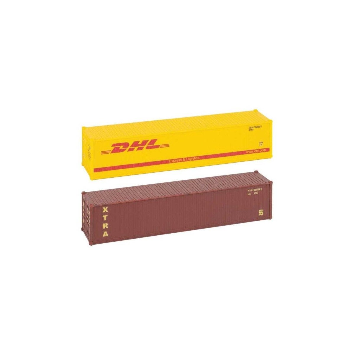 40′ Container 2-Pack - Ready to Run -- 1 Each DHL (yellow), Xtra (brown), HO, Faller Gmbh 182056