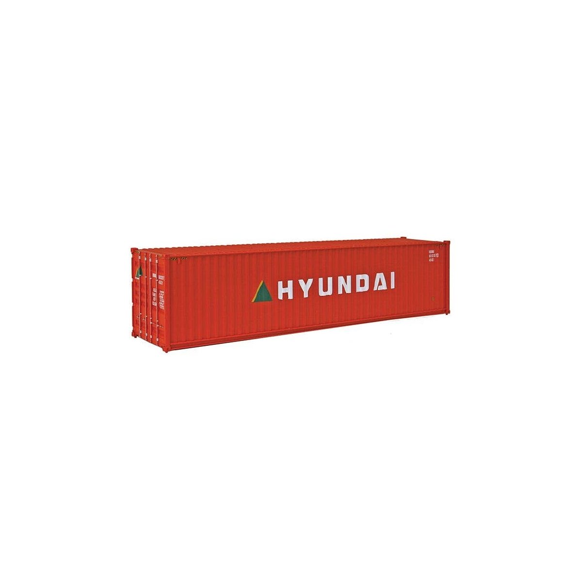 40′ Hi Cube Corrugated Side Container - Assembled -- Hyundai (orange, white, green, yellow), HO, Walthers SceneMaster 8253