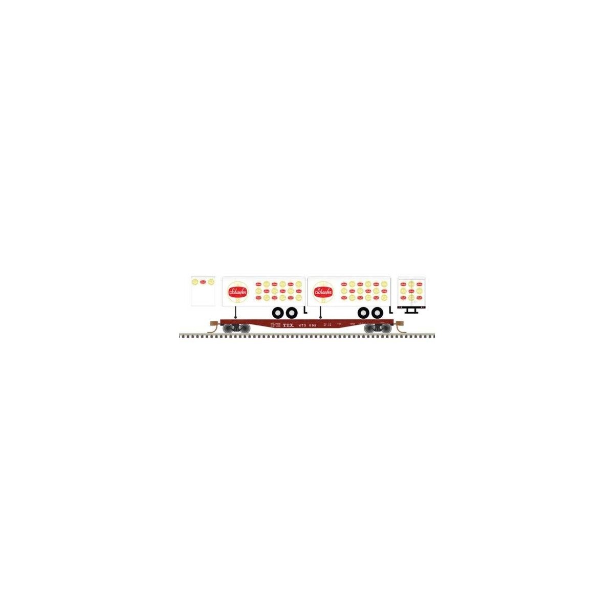 50` Piggyback Flatcar w/Two 24` Trailers - Ready to Run -- TTX 475144 (Schaefer Trailers, white, red,, N, Trainman 50006516