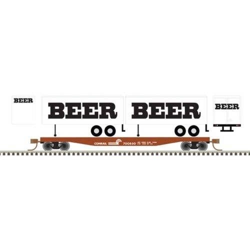 50` Piggyback Flatcar w/Two 24` Trailers - Ready to Run -- Conrail 700830 (BEER Trailers, white, blac, N, Trainman 50006517