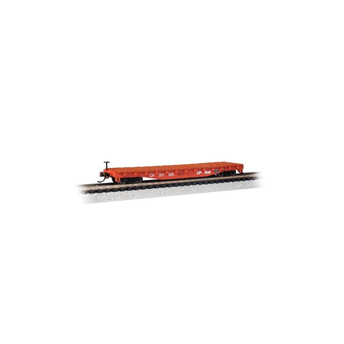52′ Steel Flatcar - Ready to Run -- CP Rail 301565 (Action Red, white), N, Bachmann Industries 17355