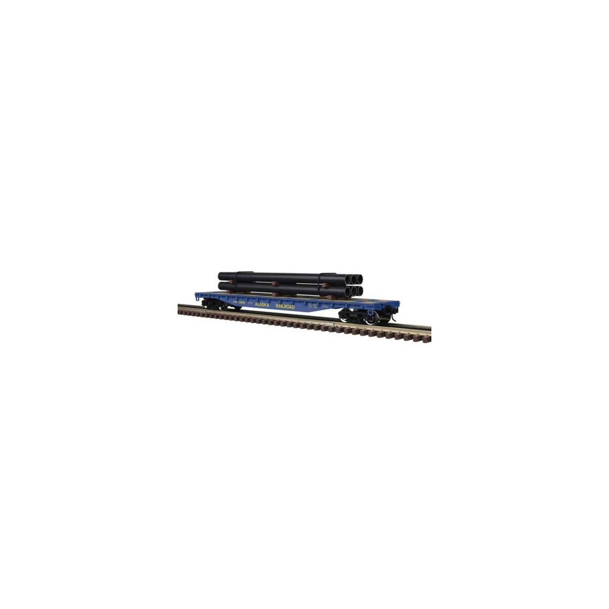 52`6` Flatcar w/Pipe Load - 3-Rail - Ready to Run - Trainman(R) -- Alaska Railroad (blue, yellow), O, Atlas O 3001880