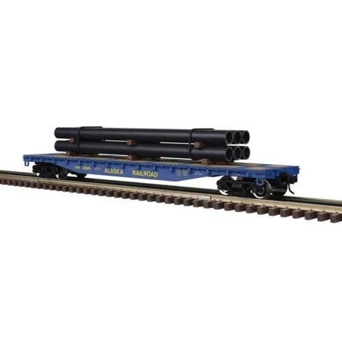 52`6` Flatcar w/Pipe Load - 3-Rail - Ready to Run - Trainman(R) -- Alaska Railroad (blue, yellow), O, Atlas O 3001880