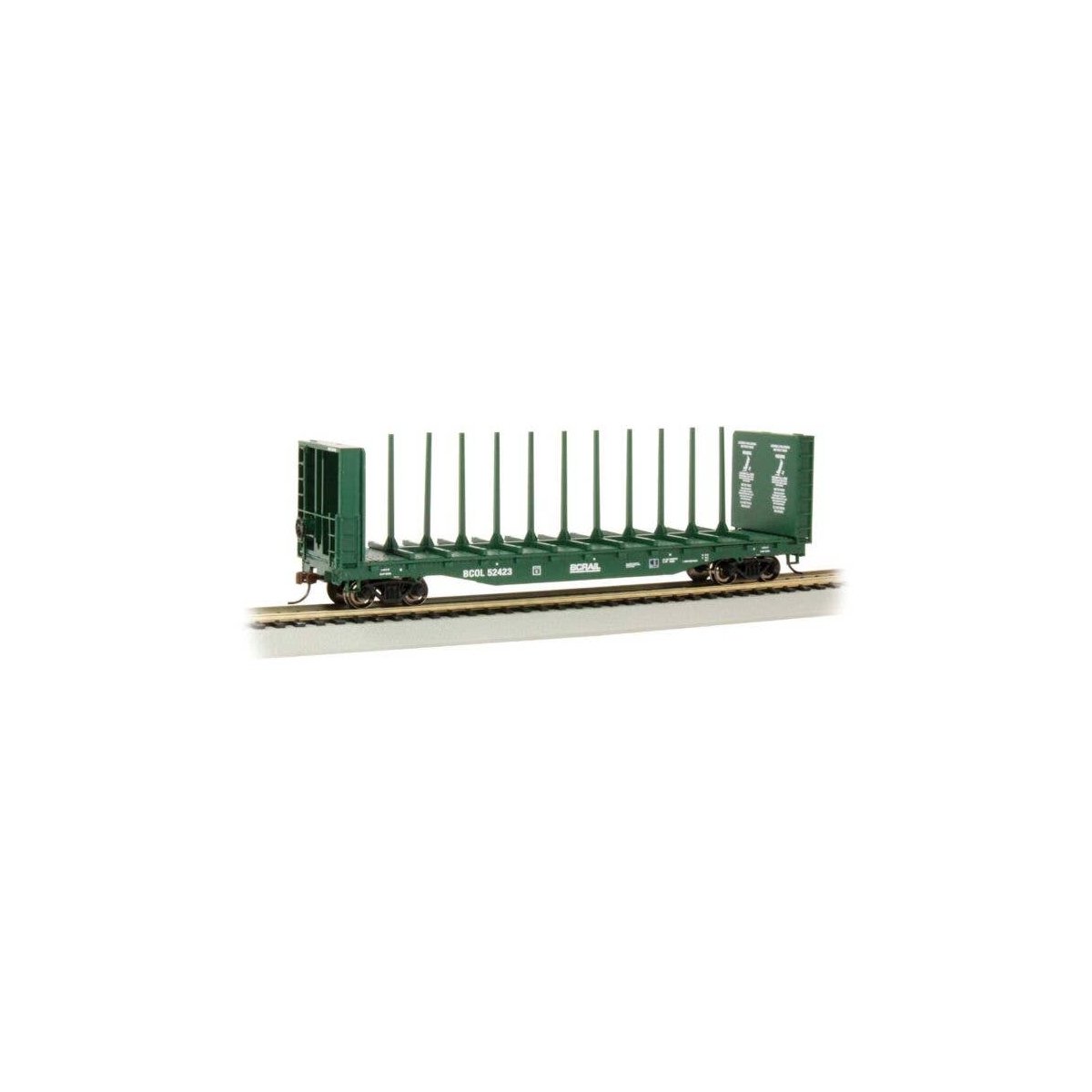 52′ Centerbeam Bulkhead Flatcar - Ready to Run -- BC Rail 52423 (green), HO, Bachmann Industries 12901