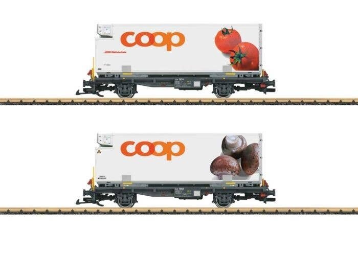 Container Car w/Reefer Container 2-Pack - Ready to Run -- Rhaetian Railroad RhB (Era VI, gray, white Coop Con, G, LGB 45888