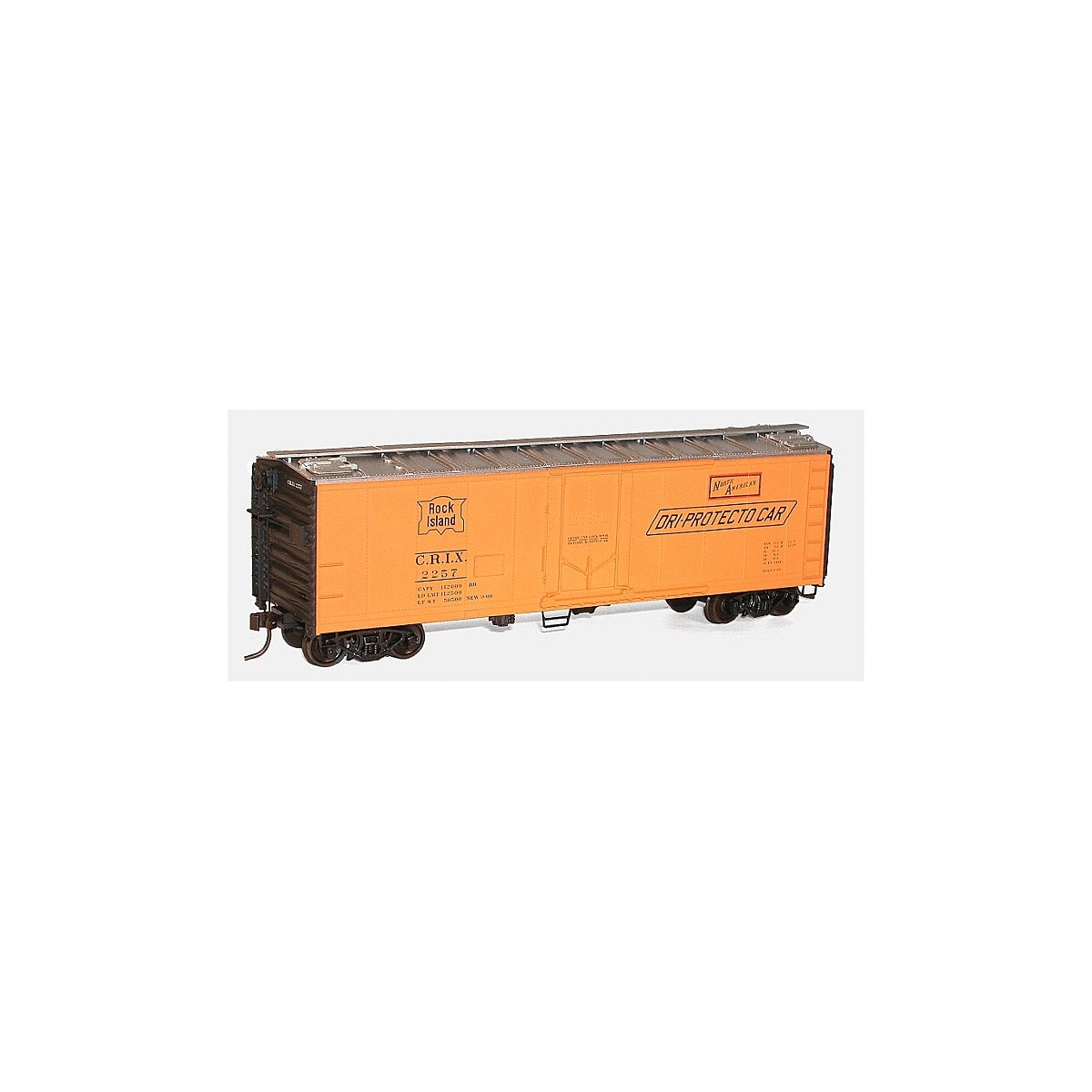 40′ Steel Reefer w/Plug Doors - Kit -- Rock Island CRIX 2257 (yellow, black, Dri-Protecto Markings), HO, Accurail Inc 8514