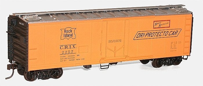 40′ Steel Reefer w/Plug Doors - Kit -- Rock Island CRIX 2257 (yellow, black, Dri-Protecto Markings), HO, Accurail Inc 8514