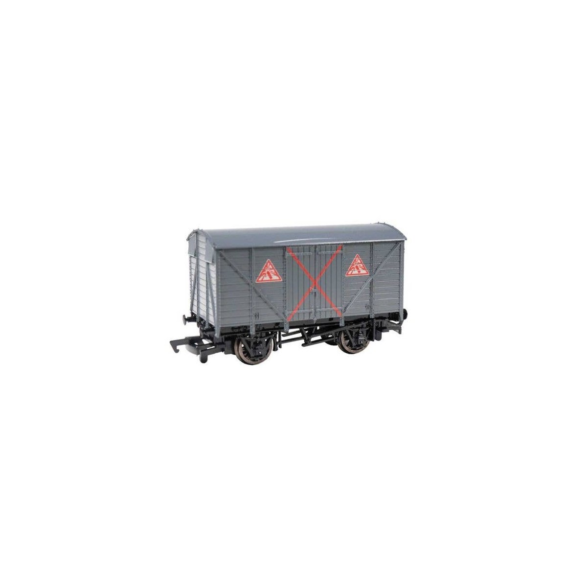 Thomas & Friends(TM) - Wood Boxcar (Box Van) -- Explosives (gray, red, white Warning Icons), HO, Bachmann Industries 77407