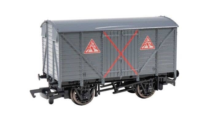 Thomas & Friends(TM) - Wood Boxcar (Box Van) -- Explosives (gray, red, white Warning Icons), HO, Bachmann Industries 77407